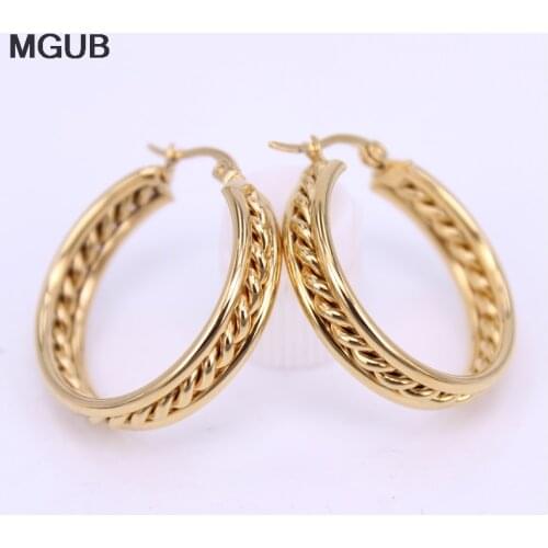 Discount Wholesale stainless steel earring gold color 6mm wide Fashion womens jewelry 30mm size LH517