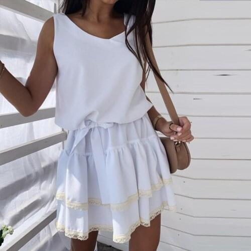 2021 New Summer Sleeveless Lace Patchwork V Neck Women Ruffled Vestidos A Line Mini Sundress Female Casual White Beach Dress