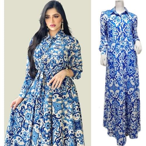 Women Floral Print Ethnic Long Dress Long Sleeve Arabic Abaya Front Buttons Muslim Islamic Maxi Robe Gown Indonesia Dubai Kaftan