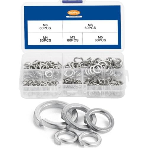 300PCS 304 Stainless Steel Open Spring Lock Washer Set M3/M4/M5/M6/M8 Elastic Screw Washer Kit