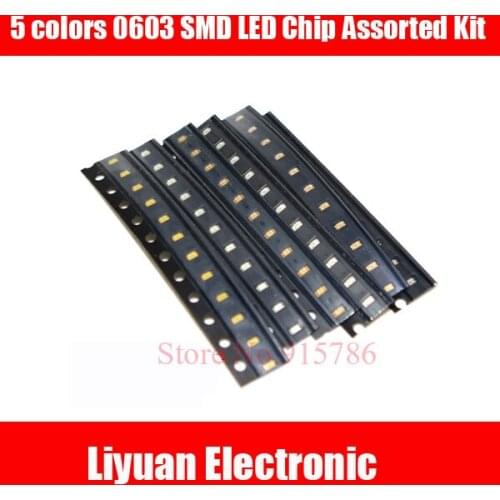 50pcs (5 colors x 10pcs) 0603 SMD LED Chip Assorted Kit Blue Red White Green Yellow Light Emitting Diode Lamp