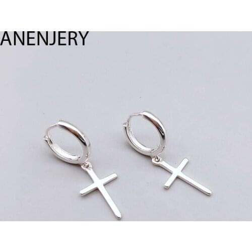 ANENJERY Personality Cross Pendant Hoop Earring Silver Color Hypoallergenic Ear Jewelry For Women Men Gifts S-E1102