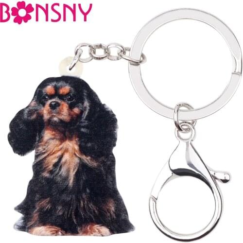Bonsny Acrylic Black&Tan King Charles Spaniel Dog Key Chain KeychainCute Animal Pet Jewelry Gift For Women Girls Bag Car Pendant
