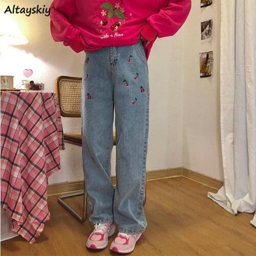 Jeans Women Lovely Cherry-embroidery Sweet Girl Leisure Ulzzang Spring Autumn Full-length Light Blue Daily Popular Preppy Retro