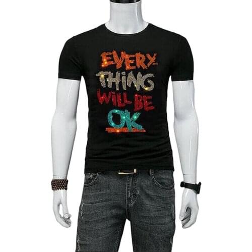 Hot Drill T-shirt Men Summer Fashion Slim Casual Rhinestone Cotton Tshirts High Quality Streetwear M-5XL Tops Male
