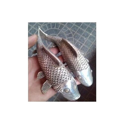 2PCS 1Pair Collection 2pc Folk Tibetan Silver carvings a auspicious lifelike Wealth fish statue Tibetan Silver Bronze decoration