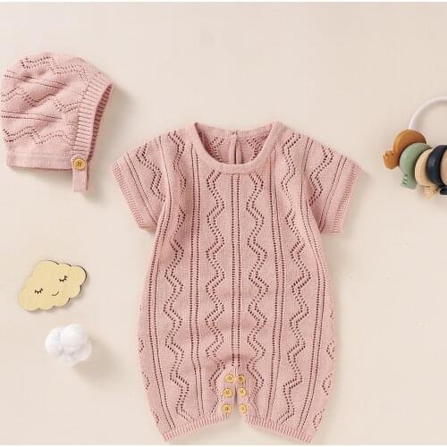 Newborn Baby Rompers Clothes 0-18M Cotton Knitted Toddler & Infant Solid Jumpsuits + Caps Childrens Summer Outwear Outfits Sets