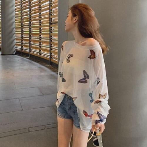 Korean Clothing Full Sleeve Tshirt Harajuku Mesh Top See Through T Shirt Transparent Femme T-shirts Kawaii Clothes Female