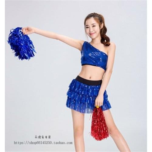 World Cup sexy inclined shoulder fission dew blue waist fringe sequins cheerleading uniform football club baby costumes