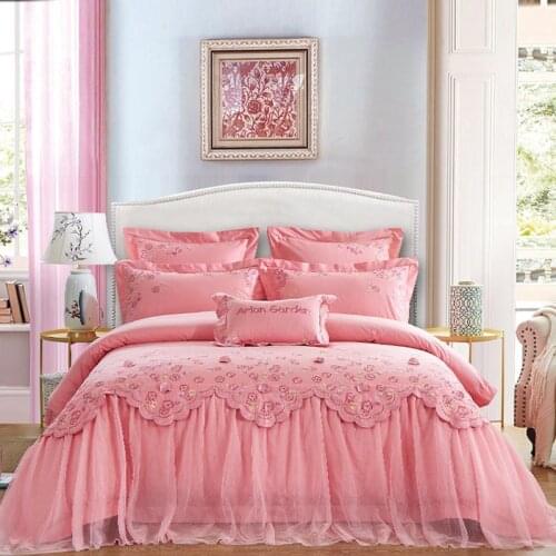 Lotus Princess Multi Layers Ruffles Lace Girls Bedding Set Romantic Red Pink Wedding Duvet cover Bed Sheet Bedspread Pillowcase