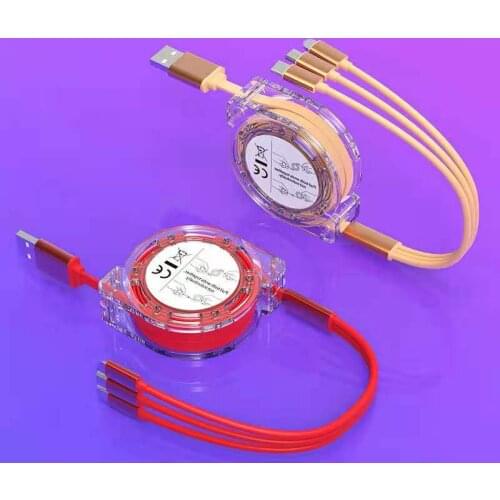 Mobile phone fast charging line one line three end multi purpose charging line crystal telescopic box 1m long charging line