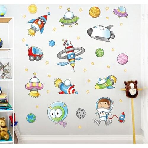 Cartoon Astronaut Outer Space Planet Art Wall Sticker Diy Children Stickers Kids
