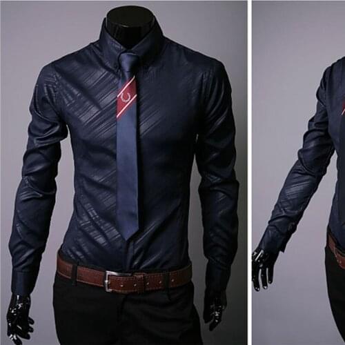 High quality 2018 Fashion Spring Autumn business Mens slim fit twill Dress Shirts Dark grain men long sleeve Evening shirt