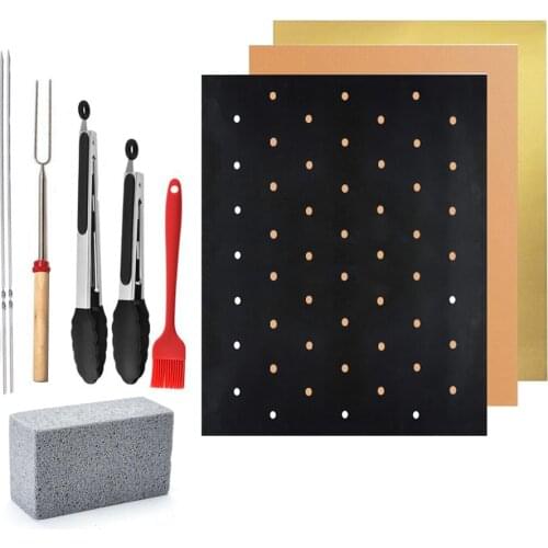 BBQ Tools Set Resuable BBQ Grill Mat Non-stick Barbecue Sheet Stainless Steel Skewers Cleaning Brick Block Food Tongs