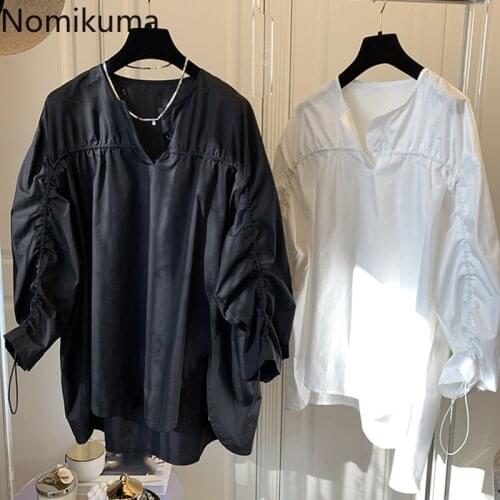 Nomikuma 2021 Spring New Women Blouse Korean Drawstring Pleated Lantern Sleeve Shirt Causal Half Open Collar Blusas Mujer 6F910