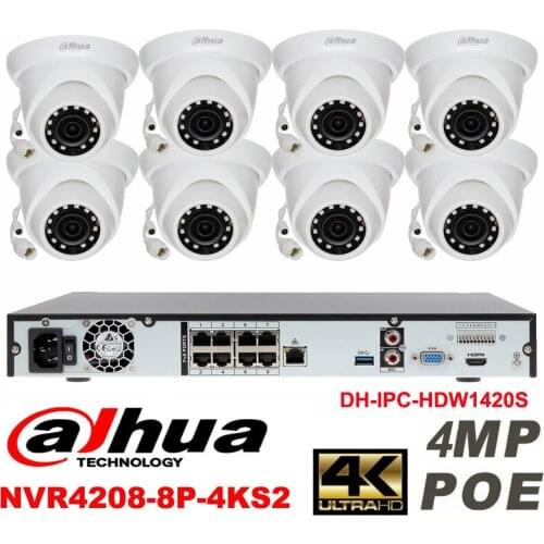 Dahua original 8CH 4MP H2.64 DH-IPC-HDW1420S 8pcs CCTV Network camera POE DAHUA DHI-NVR4208-8P-4KS2 Dome IP security camera kit