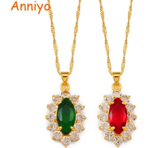 Anniyo Colored Stone Necklaces Women Girls,Crystal and Cubic Zirconia CZ Charm Red Green Pendant Chains Jewelry #200625