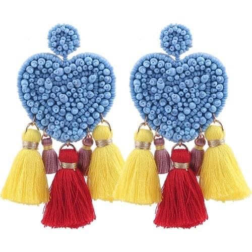 Sehuoran Heart Beads Pendientes Boho Long Drop Earrings Women Wedding Big Ear Fashion Women Tassel Earrings Statement Jewelry