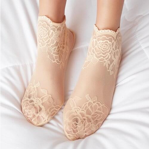 Silk Socks 3Pairs Rose Flower Socks Fashion Women Embroidery Ultra-thin Transparent Lace Crystal Short Ankle Socks Sox Sokken