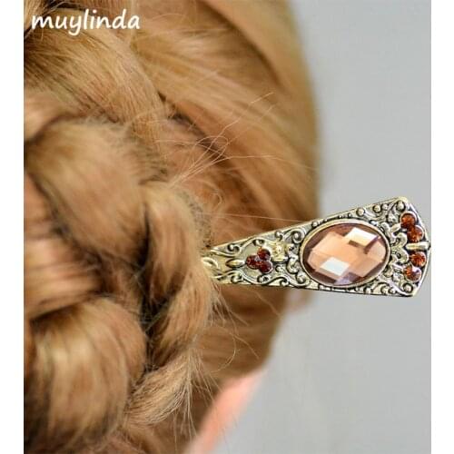 Vintage Crystal Hair Stick Pin Metal Bronze Hairpin Hair Clip Jewelry Retro Banquet Hairpins Women Bridal Hair Accessories
