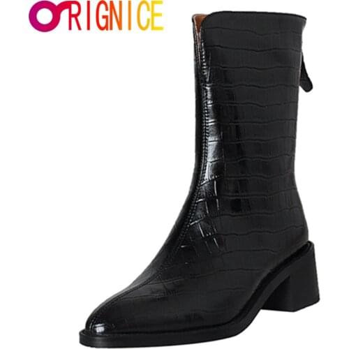 Orignice Black White Brown Women Stone Pattern Ankle Boots Fashion Square High Heels Pointed Toe Autumn Winter Party Dress Shoes
