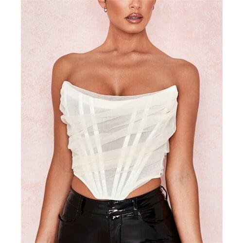 Sexy Corset Top Women Sleeveless Off Shoulder Female Boned Cropped Streetwear Bustier Mesh Crop Top White black purple blue wine