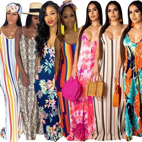 2019 women summer new colorful stripes print spaghetti strap sleeveless maxi dress fashion sashes long vestidos dresses GLJ1870