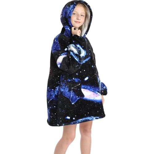 Winter Sleepwear Blanket For Girls Thicken Warm Hooded Sherpa Outdoor Wearable Blankets Boys Fleece Hoodie Sweatshirt Pajamas