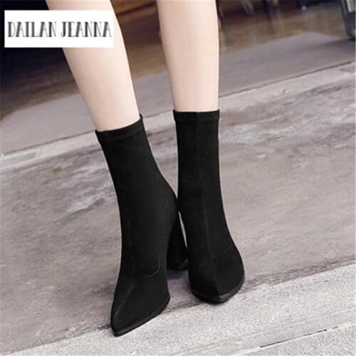 Europe and the United States 2017 new boots suede shoes boots stovepipe socks in tube pointed high-heeled bootswith thick boots