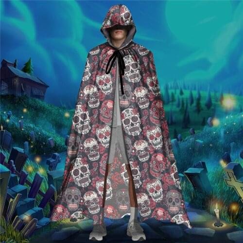 Sugar Skull Skeleton Floral Brand Design Full Long Halloween Cloak for Womens Mens Hooded Cosplay Costume Adult Gothic Cape