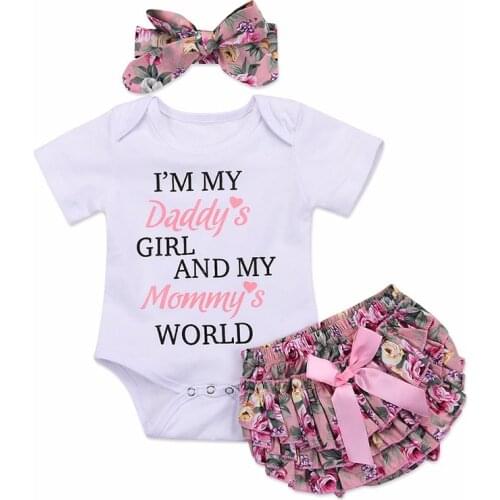 Autumn Fall Summer Newborn Baby Girl Casual Short Sleeve Letter Print Romper Tops Floral Briefs Shorts Outfits Set