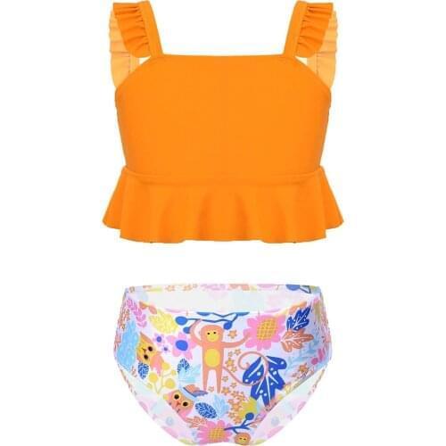 Kids Girls Swimsuit Fashion Fly Sleeve Ruffle Crop Top Summer Bikini Set Children Cartoon Swimwear Bathing Suit Beach Wear