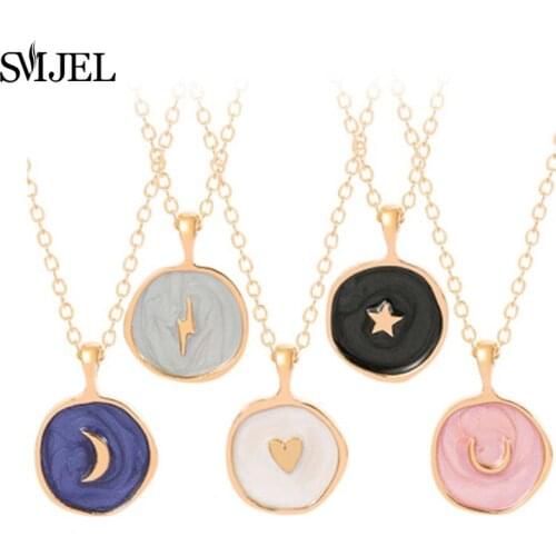 Exquisite Fashion Alloy Drop Oil Star Moon Necklaces for Women Girls Design Thunder Pendant Necklace Round Jewelry Bijoux Femm