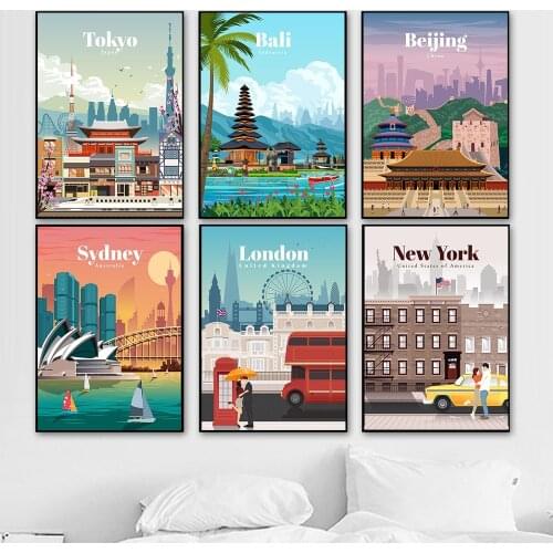 Retro Famous City Travel Poster London Bali Tokyo Landscape Canvas Painting Couples Wall Art Pictures for Living Room Home Decor