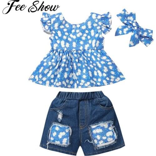 Infant Kids Girl Clothes Sets Baby Vest and Shorts Suit Fashion Little Flower Fly Sleeve Tank Tops + Denim Pants + Headband