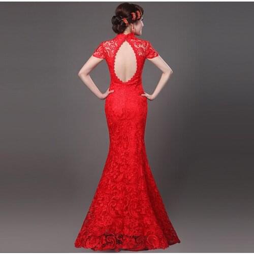 Red Lace Cheongsam Sexy Qipao Chinese Traditional Dress Evening Dresses Clearance Markdown Sale