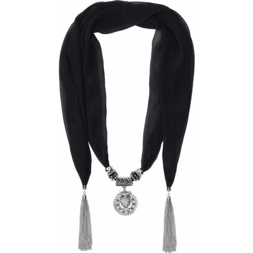 Lureme Womens Scarf Necklace Wrinkle with Owl Pendant Metal Chain Tassel Scarf (sf000090)