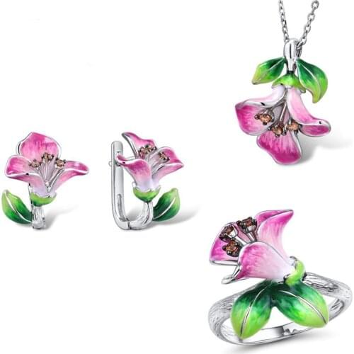 MOONROCY Silver Color Necklace Earrings Rings Jewlery Set Pink Green Crystal Chokers for Women Flower Bohemia Dropshipping Gift