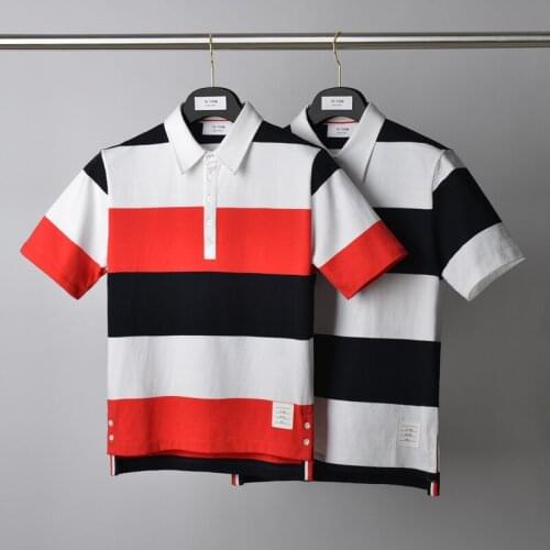 2021 Fashion TB THOM Brand Polo Shirts Men Casual Thick stripes Cotton Polo Summer Short Sleeve Turn Down Collar Polo Clothing