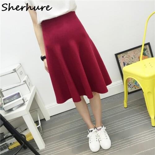 2020 New Sexy Women Knitted Autumn Winter Solid Waist Midi Skirts A-Line Pleated Skirt Female Jupe Saia High Quality