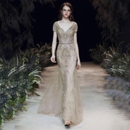 New Arrival 2020 Sexy V Neck Evening Gown Short Sleeves Crystal Beaded Mermaid Formal Evening Dresses Long