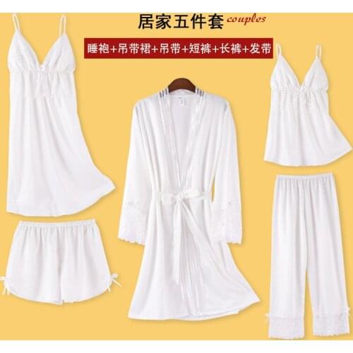FZSLCYIYI Solid Color Lace Trim Women Pajamas 5/4/3/2Pcs Satin Sleepwear Silk Homewear Sleep Lounge Pyjama With Chest Pads