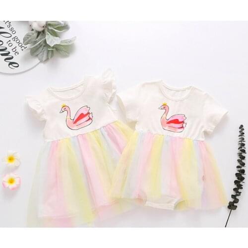Baby Girls Dress 2021 Summer Cute Swan Print Baby Princess Birthday Party Mesh Dresses Costume Kids Toddler Cartoon Clothing