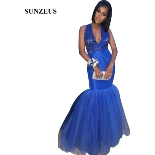 Royal Blue Prom Dresses Mermaid Long Party Gowns For Black Girls Appliques V-neck Women Dress Long Vestidos Largos
