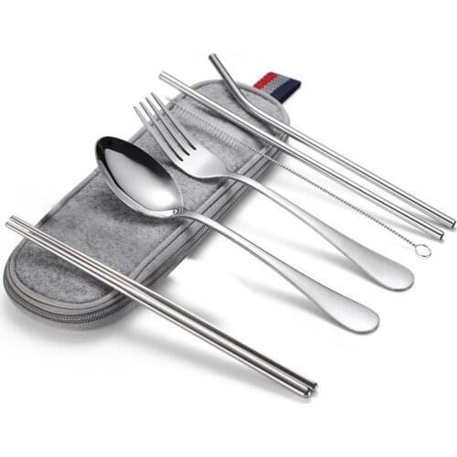 Portable Utensils Cutlery Set Stainless Steel Fork Spoon Chopsticks Cleaning Brush Straws Tableware for Camping Cooking Picnic