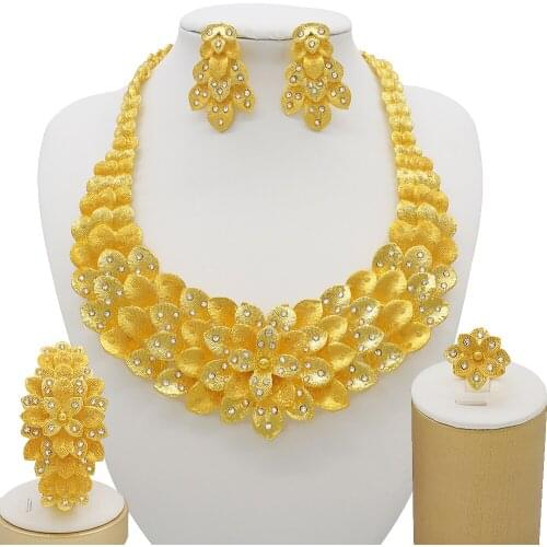 Luxury 4 Layers Smooth Feather African Jewelry Set For Women Wedding Dubai Bridal Big Necklace Jewelry Set Indian