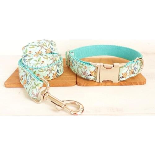 GLORIOUS KEK Dog Collar Turquoise Flowers Pet Collar Custom Engrave Name Pet Collar and Leash Set Quick Release Nylon Necklace