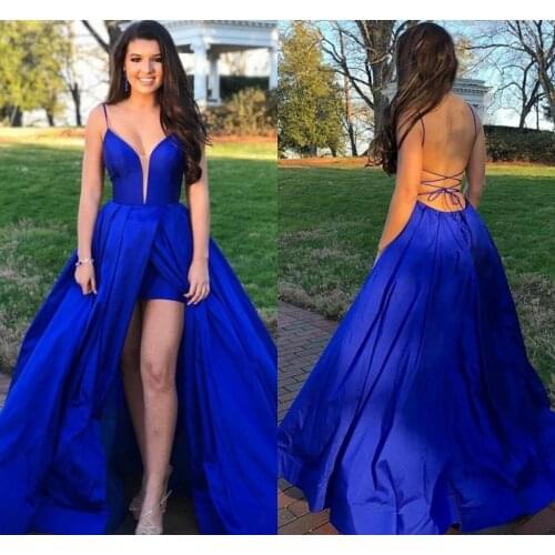 Royal Blue Side Split Backless Prom Dresses 2021 Sheer Plunging Neck Evening Gowns Plus Size A Line Formal Pageant Wear