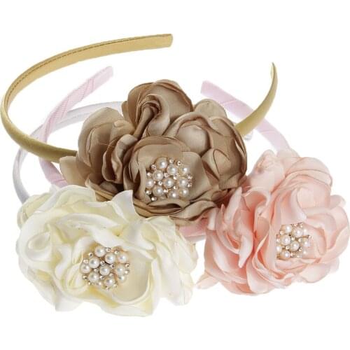 Yundfly Vintage Fabric Burned Edge Flowers With Pearl Rhinestone Center Hair Band Kids Girls Hair Sticks Hair Accessories