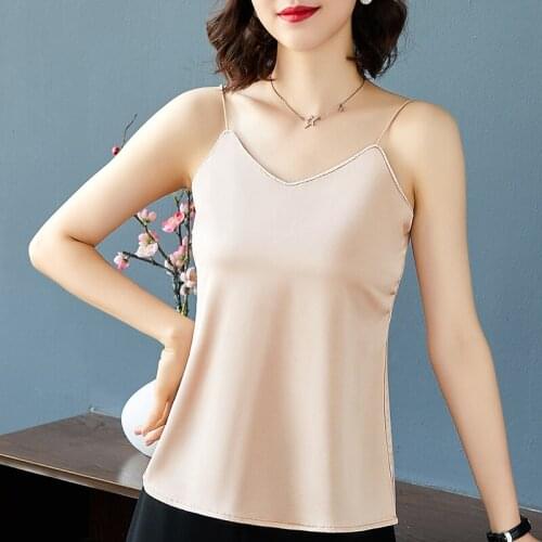 Women Sexy Summer Elegant Basic Satin Silk Tank Tops Ladies Shirt Camisole Beading Loose Sleeveless Vest Dames debardeur femme